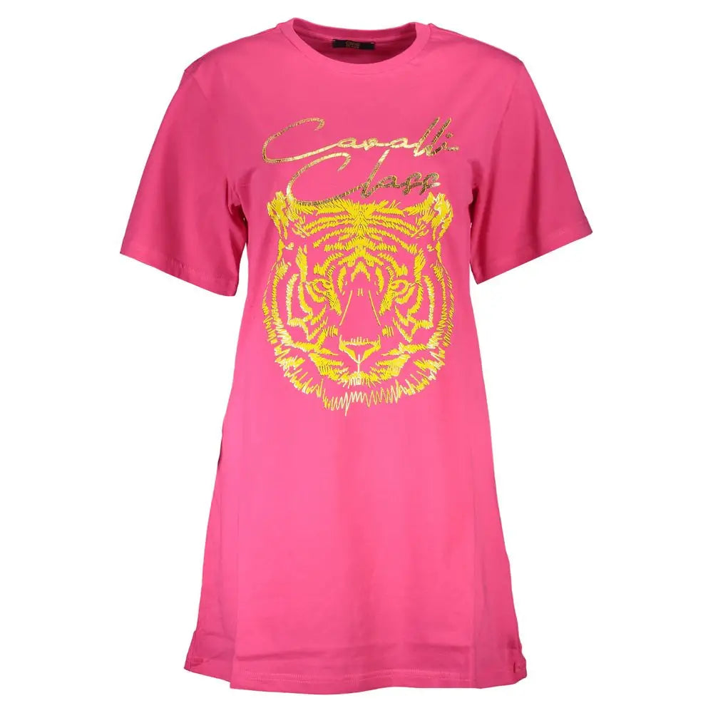 Vibrant Cavalli Class pink cotton women top with yellow tiger graphic