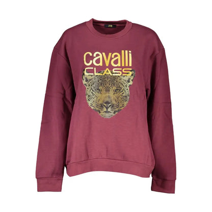 Maroon Cavalli Class lilla bomuldssweater med leopardhoved og guldtekst