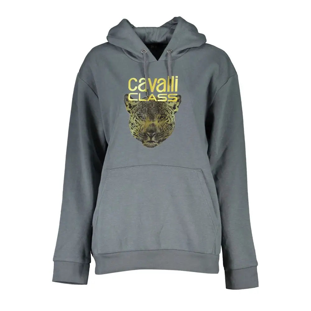 Cavalli Class grå fleece hoodie med guld leopard-motiv. 100% originale brands