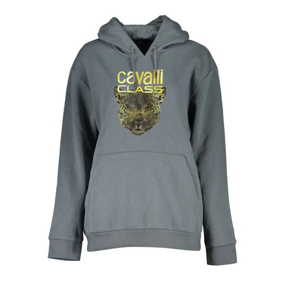 Cavalli Class grå fleece hoodie med guld leopard-motiv. 100% originale brands