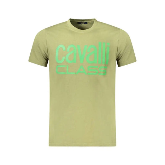 Cavalli Class Verde cotton mens t-shirt in pale green with neon lettering