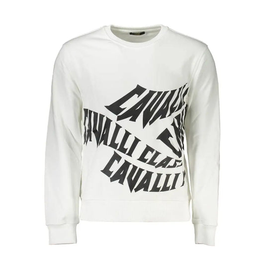 Cavalli Class hvid bomuldssweater med sort skrå tekst, 100% originale brands
