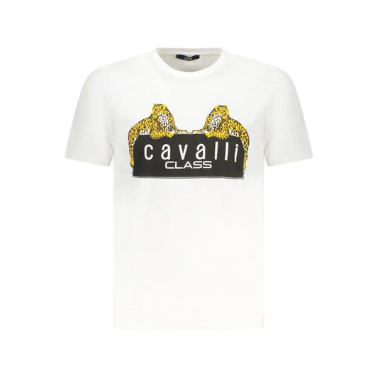 Cavalli class white cotton t-shirt with yellow black leopard graphics