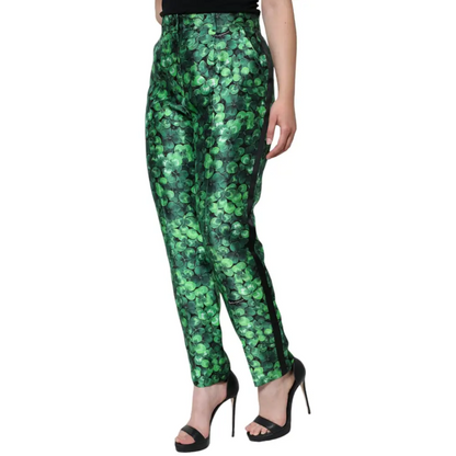 Dolce & Gabbana grønne kløver-satin bukser med sorte striber, outlet mærkevarer