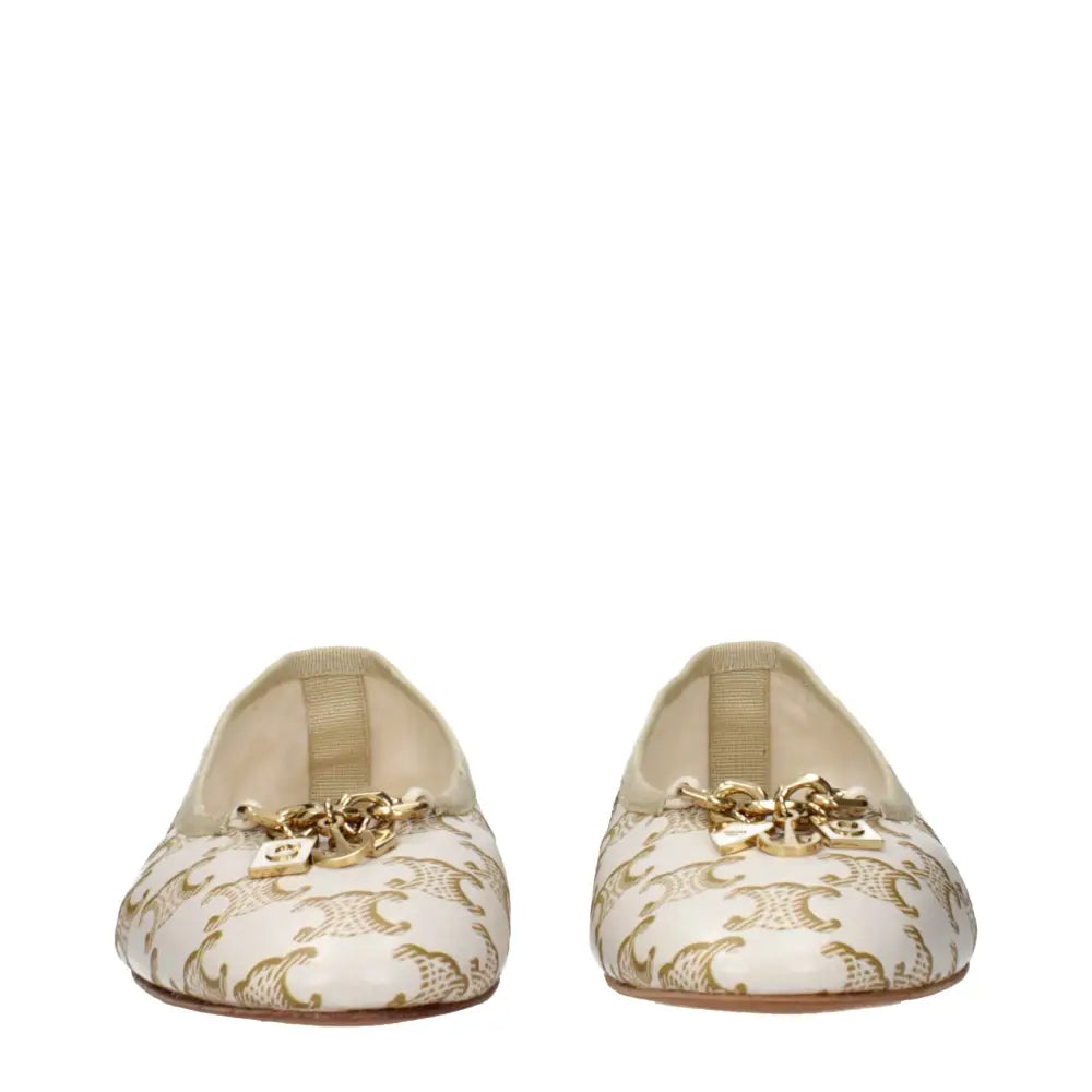 Celine white leather ballet flats med guld leopardprint og kæde-detalje