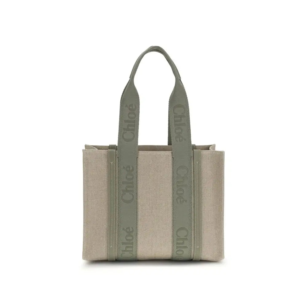 Beige linned skuldertaske Chloé med olivengrønne håndtagre og branding