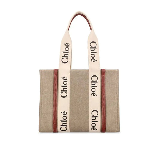 Chloé beige linen tote med cremede stropper og sort logo