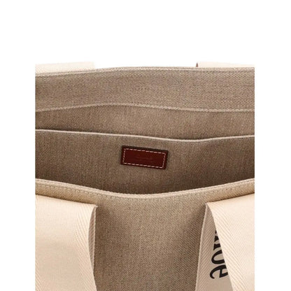 Beige linen tote bag med cremede håndtag og brun læderplet fra Chloé