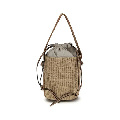 Chloé beige raffia bucket bag med brunt læderrem og snøre