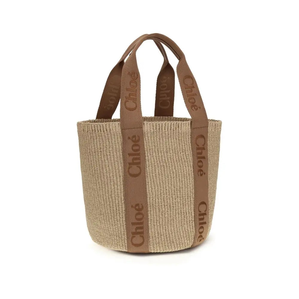 Beige raffia Chloé tote bag med brunt læder og branding
