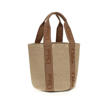 Beige raffia Chloé tote bag med brunt læder og branding
