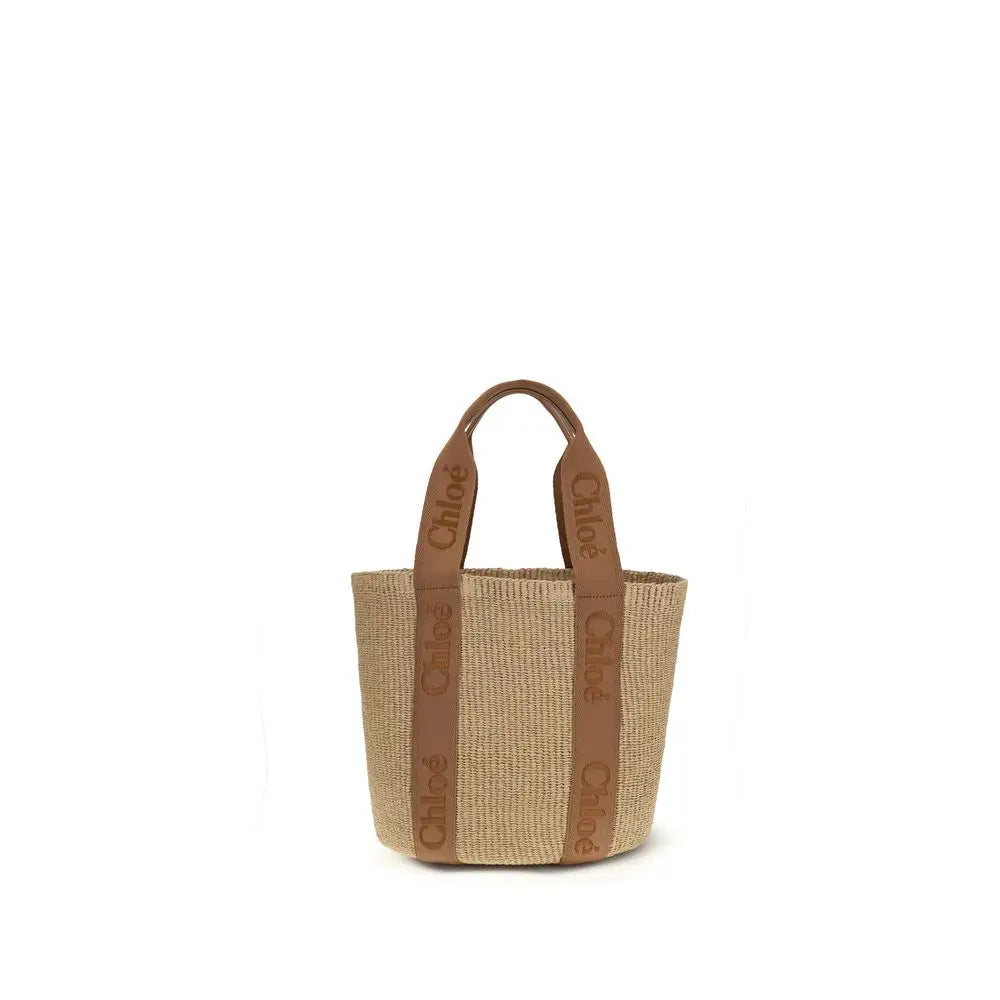 Chloé beige raffia håndtaske med brun læderhåndtag og embosset branding