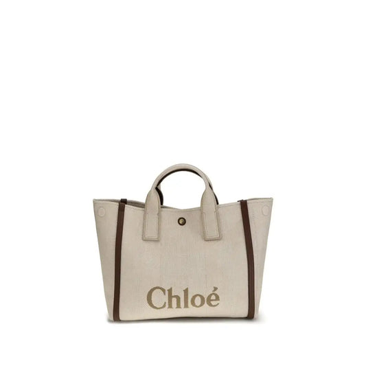 Chloé Carry medium tote i cremfarvet canvas med brunt læder og logo