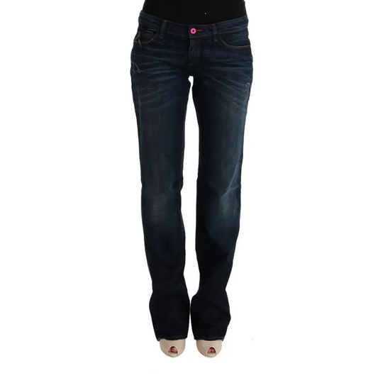 Costume Nationals blå bomulds regular fit denim jeans med pink knap og falmede detaljer