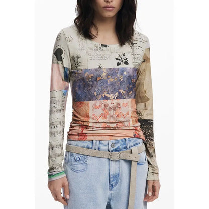 Desigual beige elastane top med patchwork botaniske prints. Spar 30-70% på mode