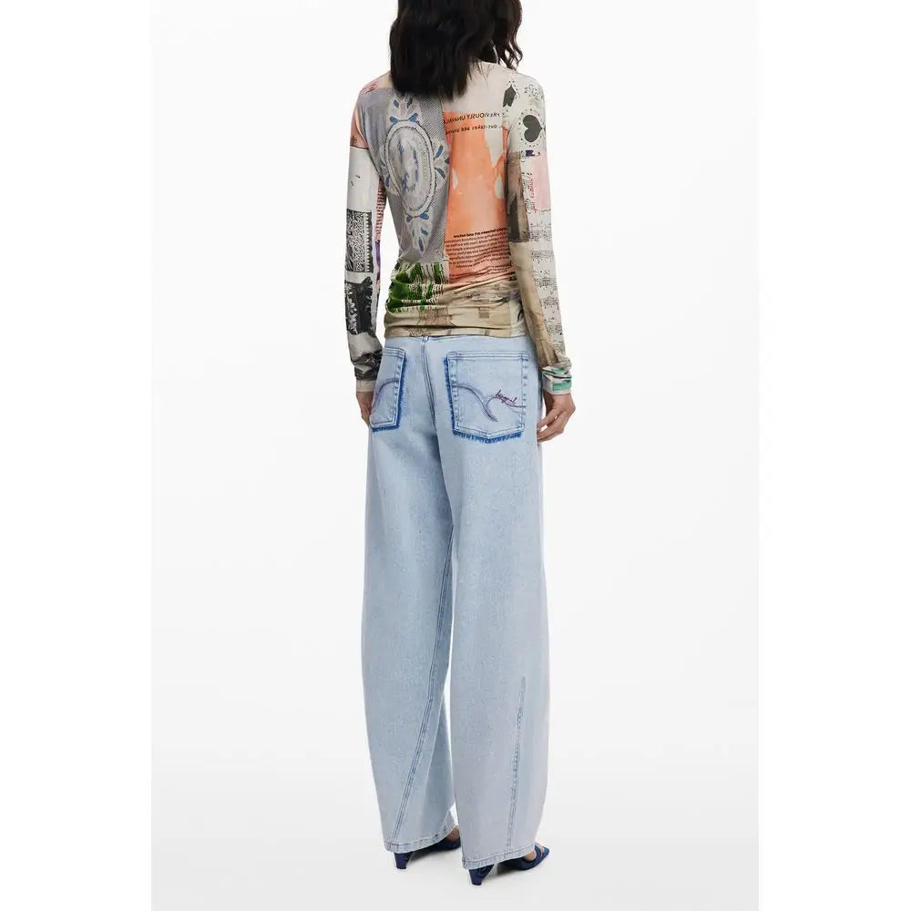 Lyseblå wide-leg denim jeans med sømdesign på lommer, Desigual outlet mærkevarer