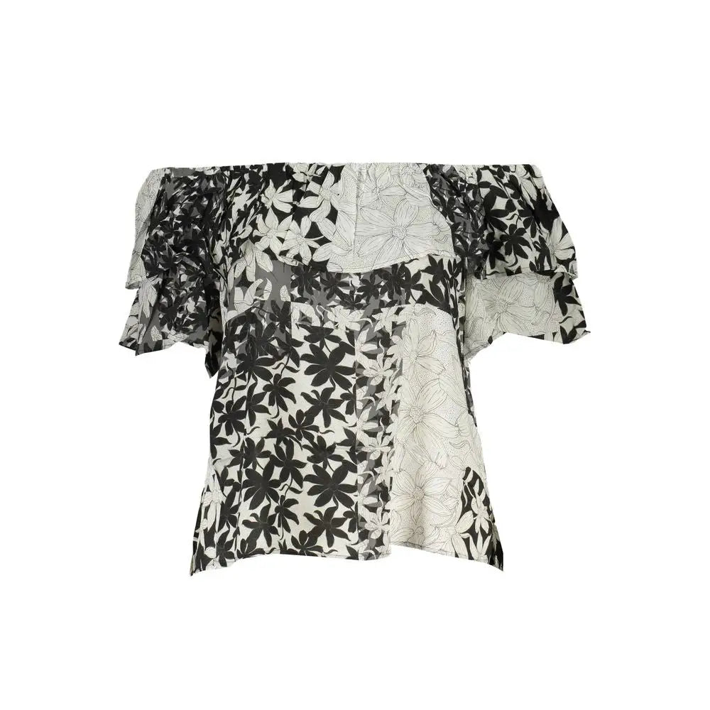Desigual Bianco cotton women off-shoulder floral blouse with ruffles