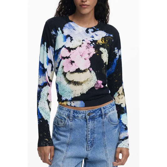 Desigual black linen sweater with vibrant pink, blue and white floral pattern