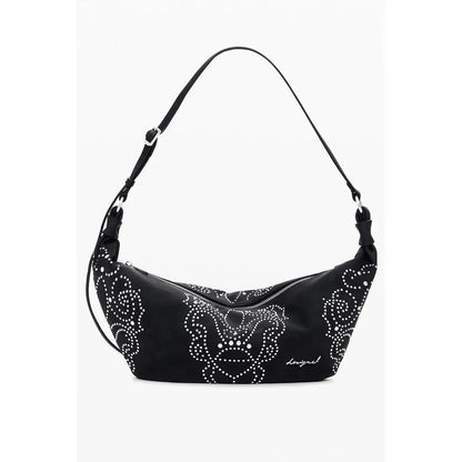 Desigual sort skulder taske med hvide stribede blomstermønster. Outlet mærkevarer