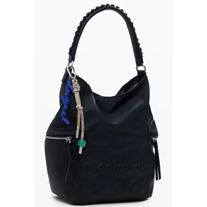 Desigual black polyethylene women backpack with braided handles and blue charm