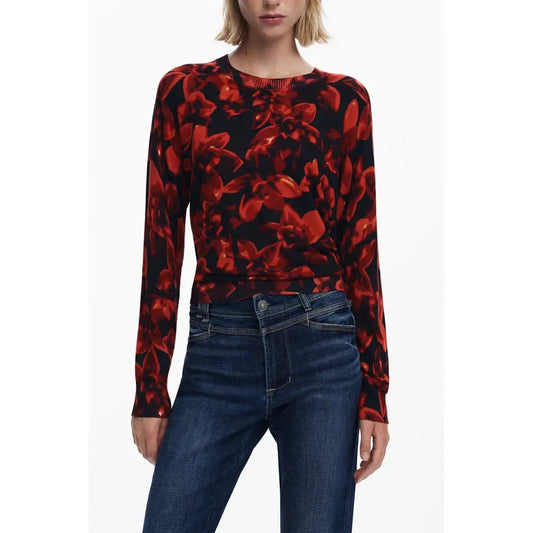 Desigual black viscose women sweater med rødt blomstermønster