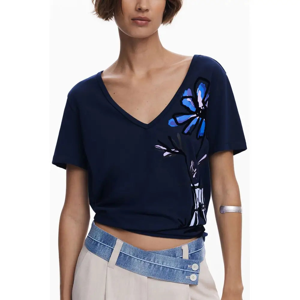 Desigual navy blå v-hals T-shirt med blomstret broderi, outlet mærkevarer