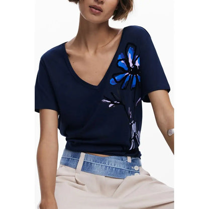 Navy blue Desigual t-shirt med broderet blomst, outlet mærkevarer, spar 30-70%