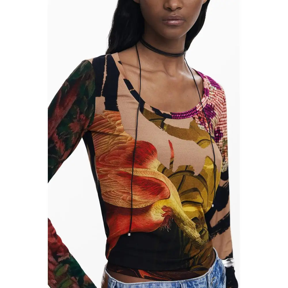 Vibrant Desigual brown elastane top with bold floral print in red, orange, yellow, green, black