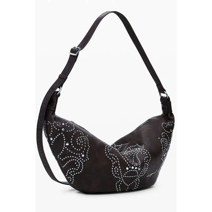 Sort black læder hobo taske med sølv floralstuds, Desigual outlet mærkevare 100% original