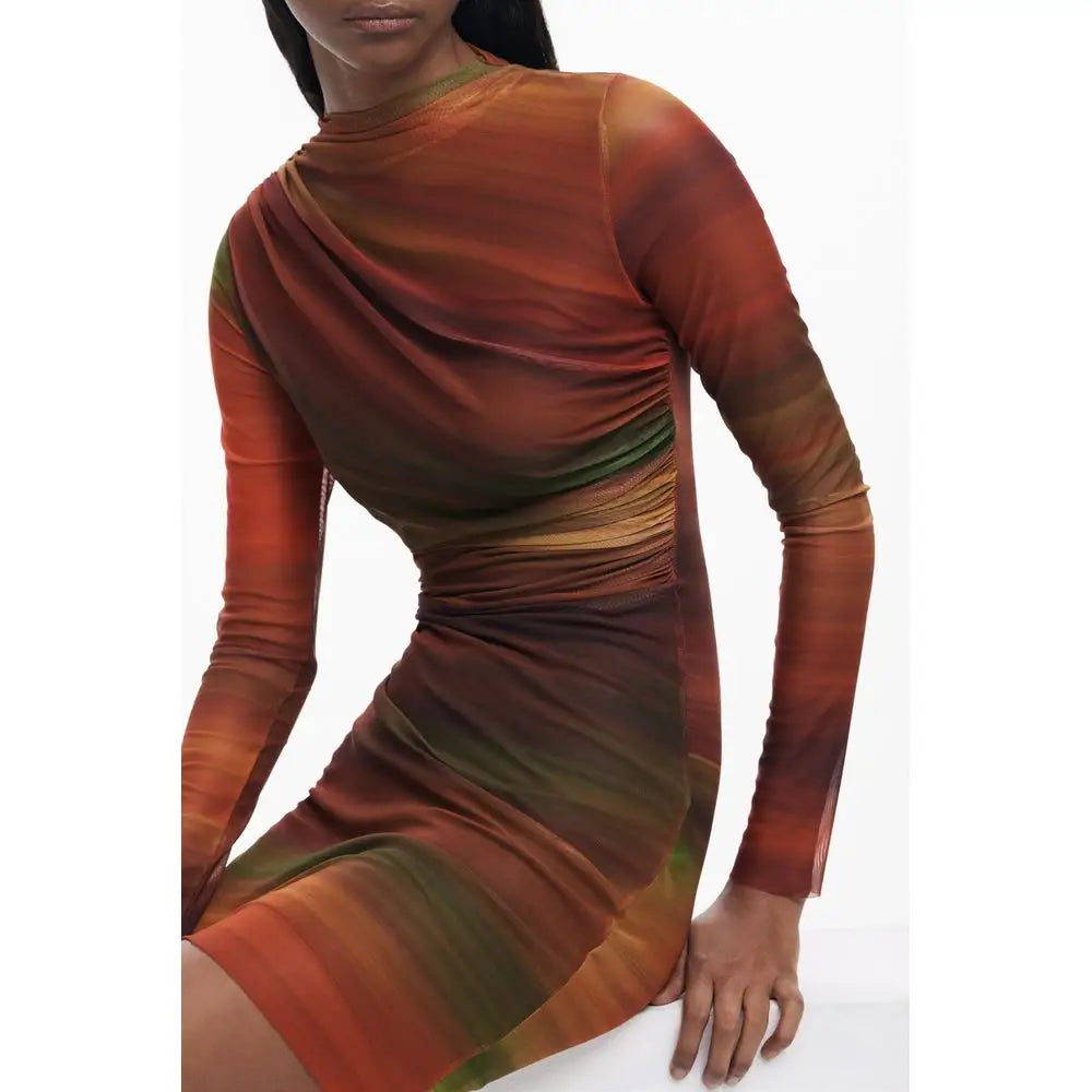 Desigual orange polyester kvinders kjole i varme jordtoner med ruche