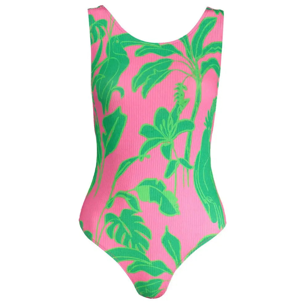 Vibrant pink Desigual Rosa Viscosa kvinders bodysuit med ribbet tekstur og grønne tropiske blade