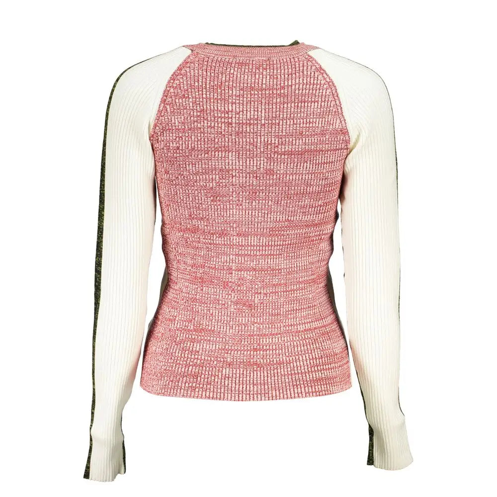 Hvid polyester sweater med pink-hvid rib og grønne ærmestriber