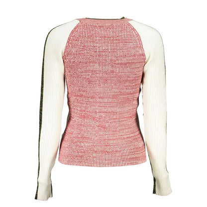Hvid polyester sweater med pink-hvid rib og grønne ærmestriber