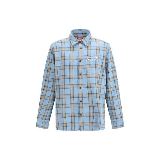 Diesel light blue cotton pattern shirt med beige plaid og logo