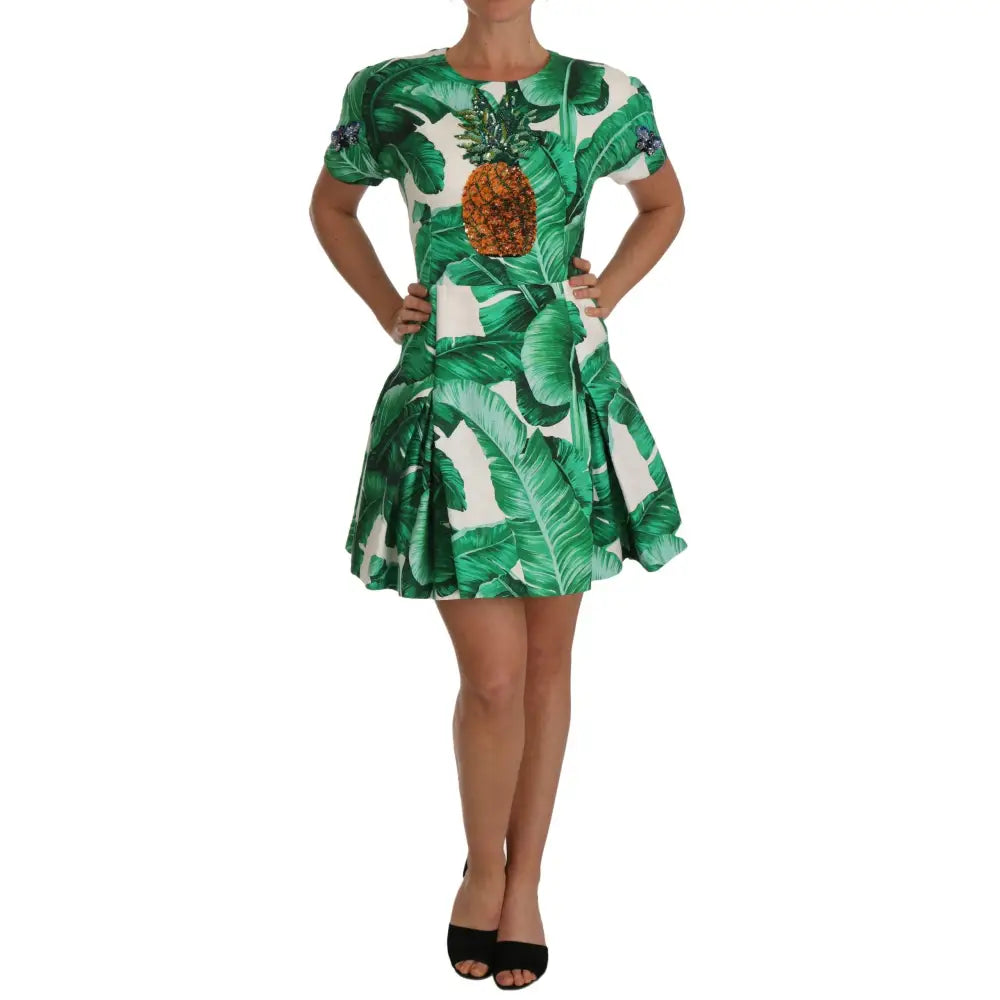 Dolce & Gabbana A-Line Banana Leaf Pineapple Crystal Dress