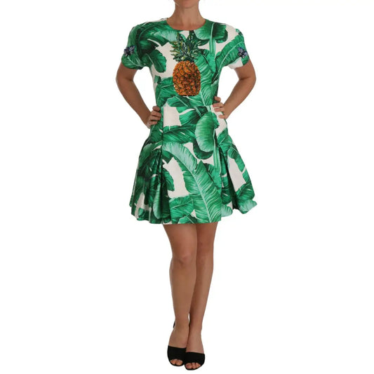 Dolce & Gabbana A-Line Banana Leaf Pineapple Crystal Dress