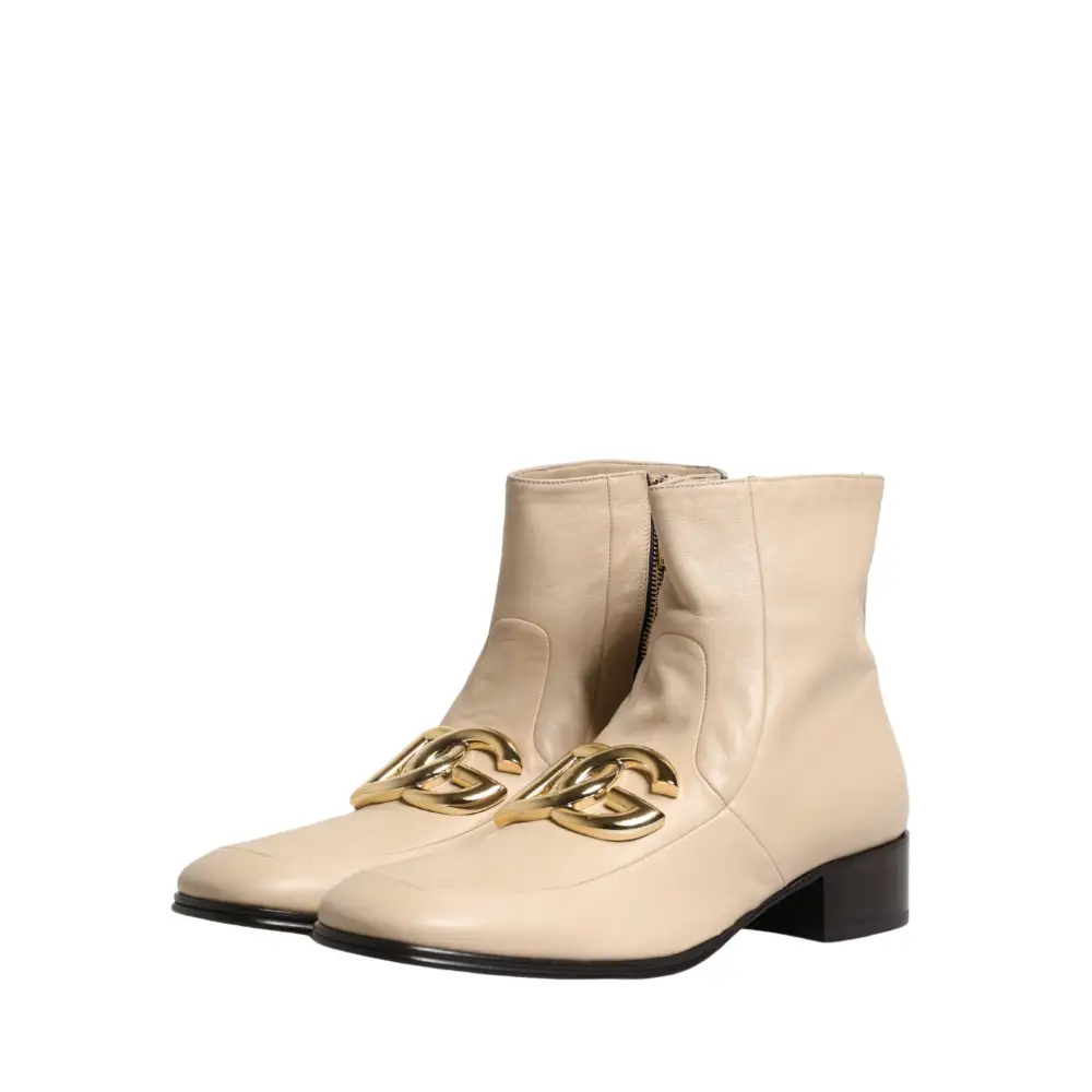 Dolce & Gabbana Beige Leather Logo Plaque Ankle Boots Shoes - 44 - Ankelstøvler