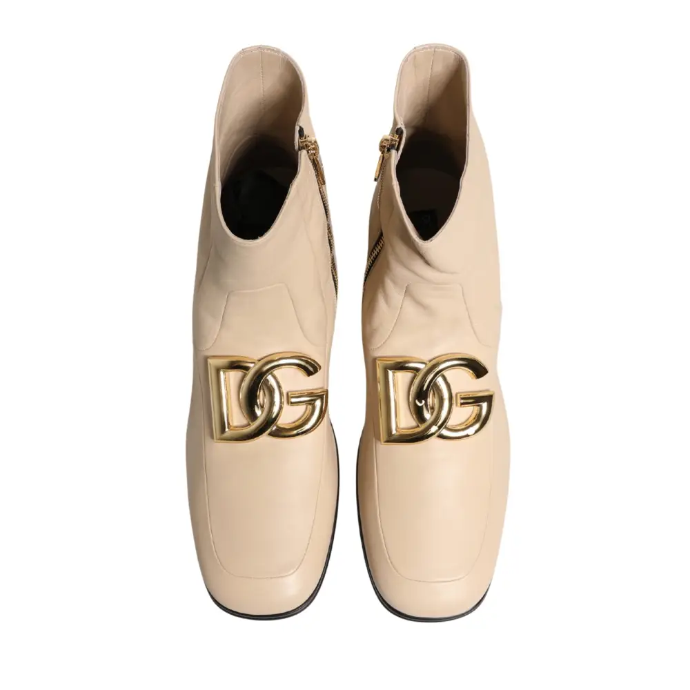 Dolce & Gabbana Beige Leather Logo Plaque Ankle Boots Shoes - 44 - Ankelstøvler