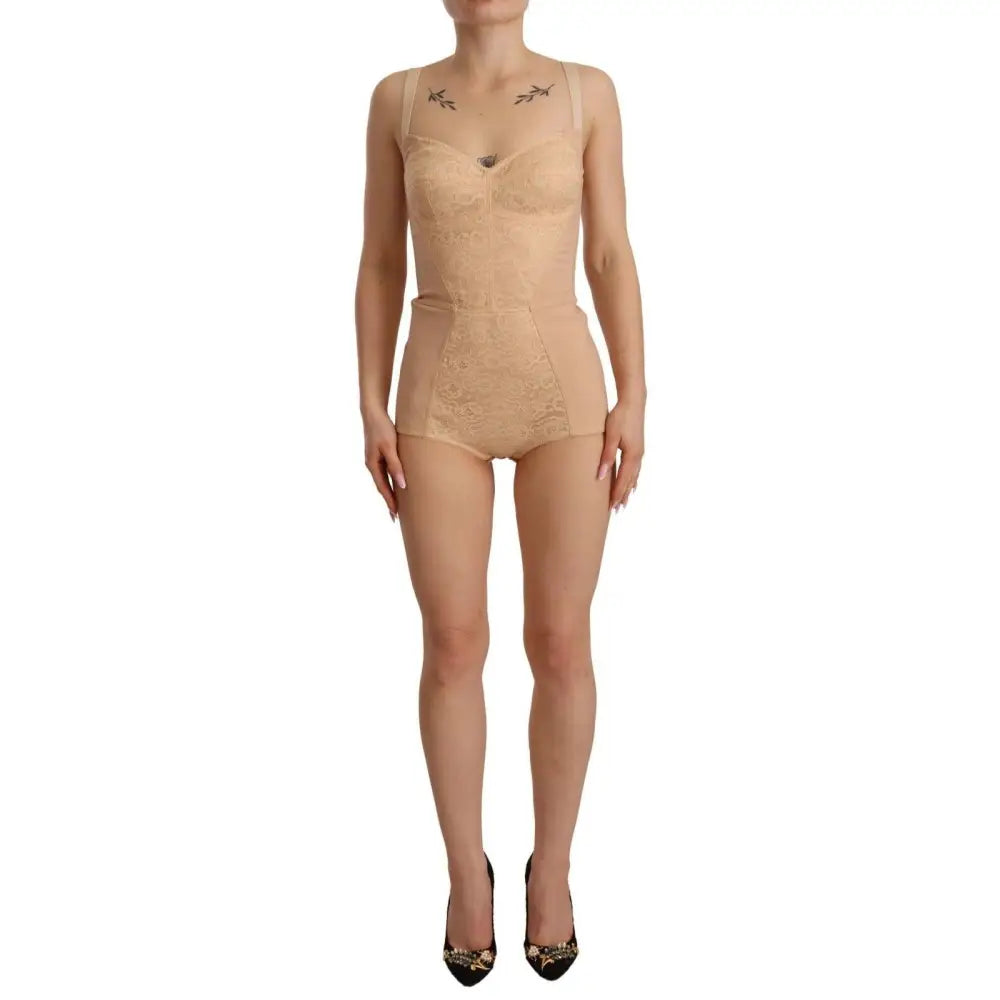 Dolce & Gabbana Beige Nylon Floral Lace Bodysuit Underwear