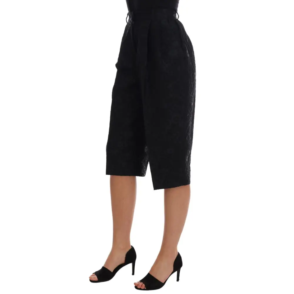 Dolce & Gabbana black brocade high capri shorts with lace cuffs and tied belt