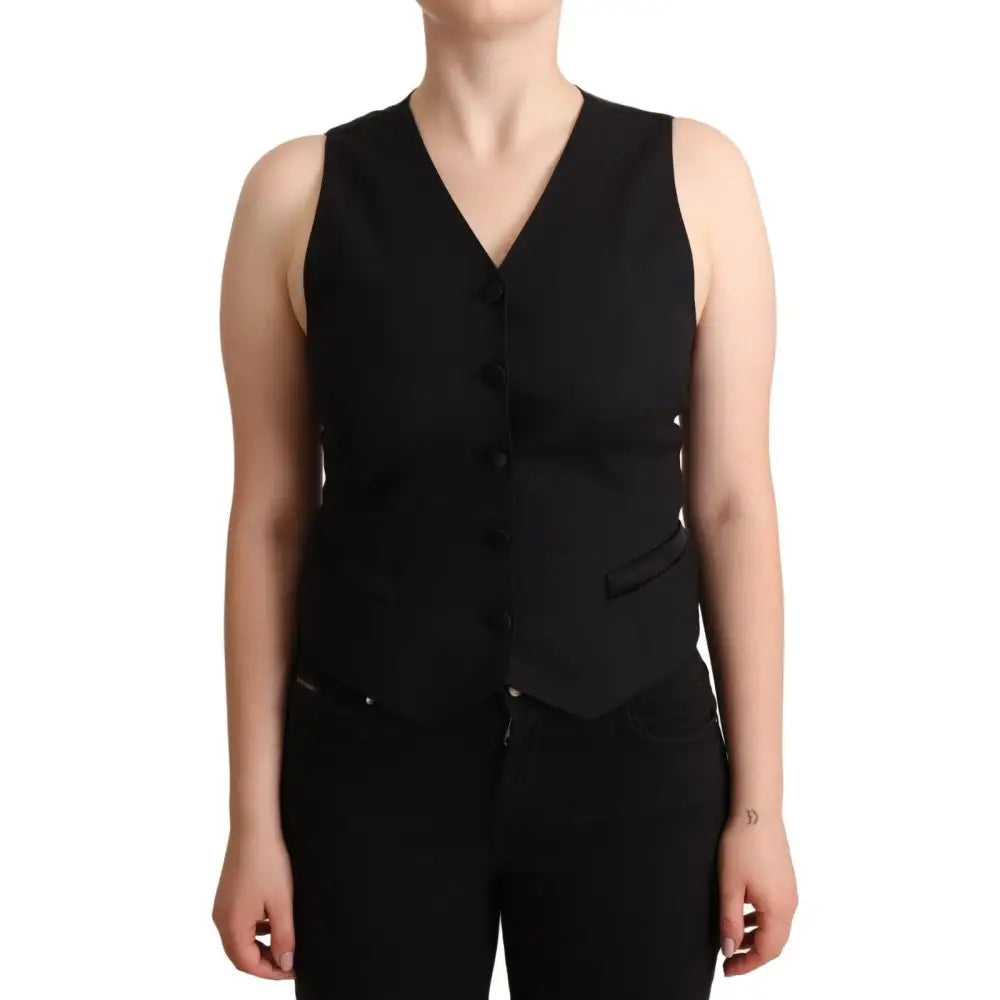 Dolce & Gabbana Black Button Down Sleeveless Viscose Vest Top