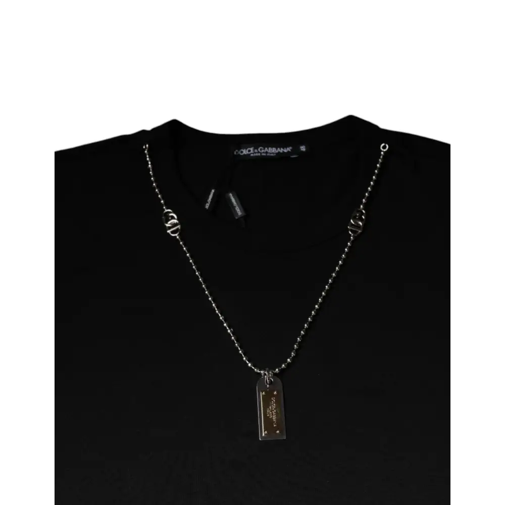 Dolce & Gabbana Black Cotton Necklace Embellished T-shirt - T-shirts