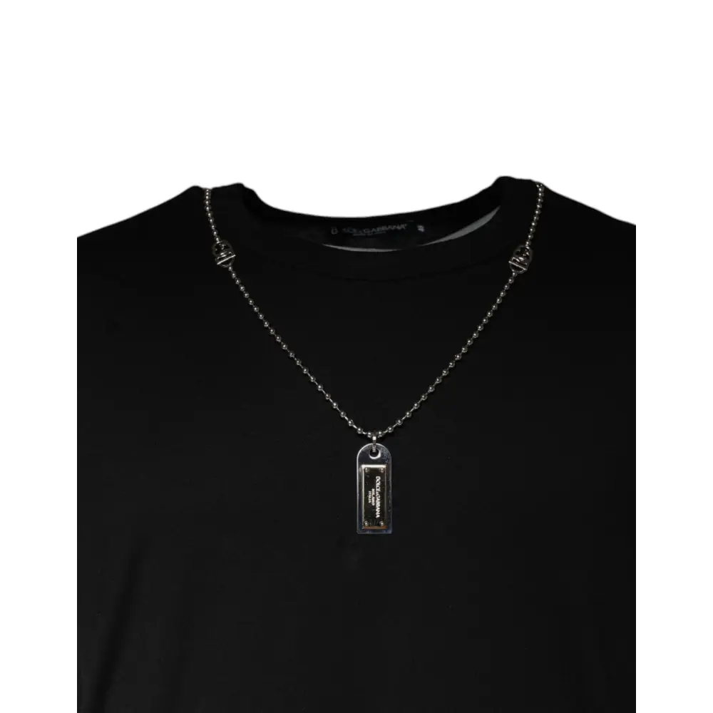 Dolce & Gabbana Black Cotton Necklace Embellished T-shirt - T-shirts