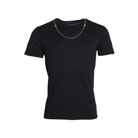 Dolce & Gabbana Black Cotton Silver Chain Short Sleeve T-shirt