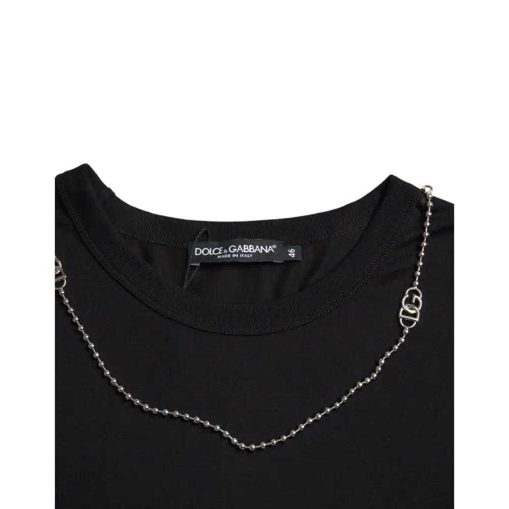 Dolce & Gabbana Black Cotton Silver Chain Short Sleeve T-shirt