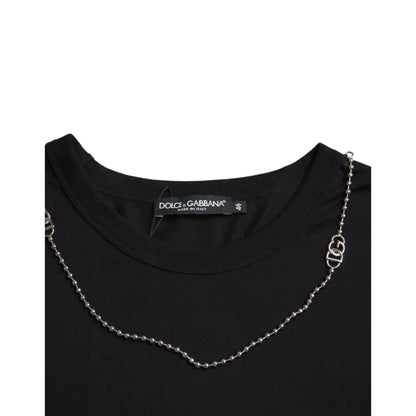 Dolce & Gabbana Black Cotton Silver Chain Short Sleeve T-shirt