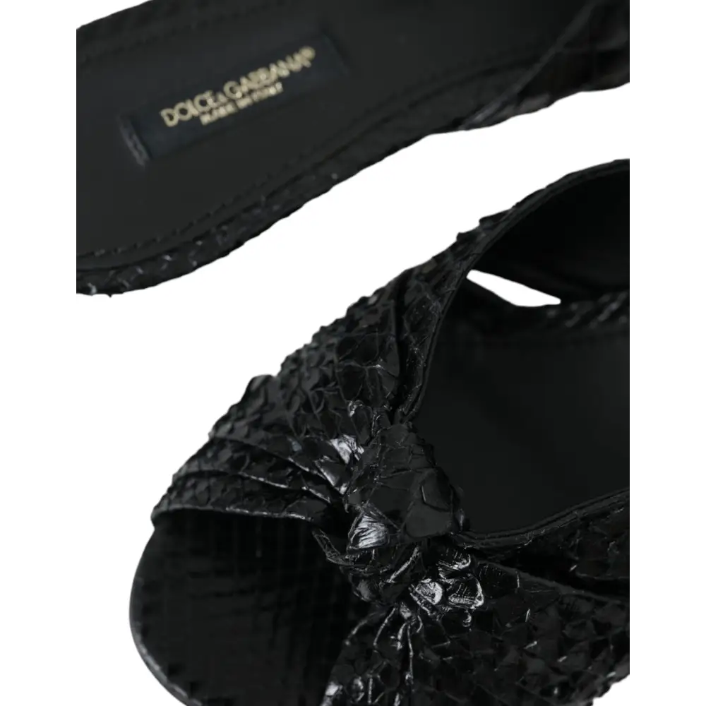 Dolce & Gabbana black exotic leather heels slides with snake-skin pattern and bow