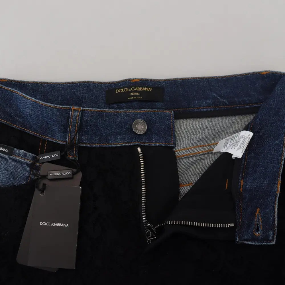Dolce & Gabbana Black Floral Lace Front Skinny Denim Jeans