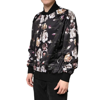 Dolce & Gabbana Black Floral Polyester Full Zip Bomber Jacket - Jakke