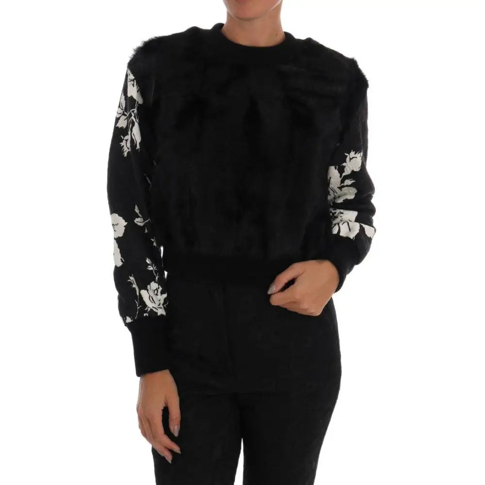 Dolce & Gabbana Black Fur Floral Brocade Zipper Sweater